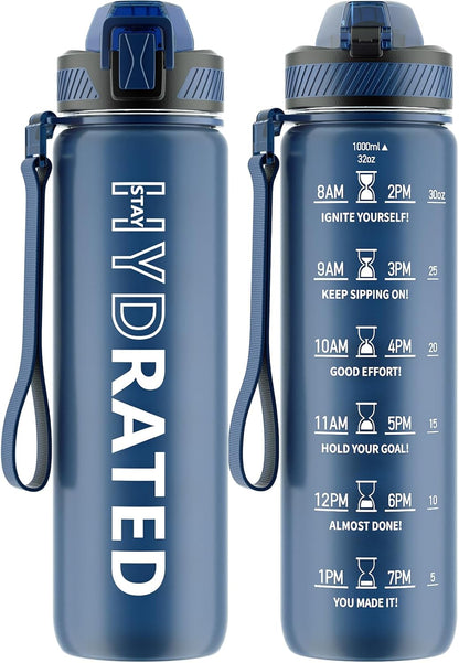 QLUR Water Bottle with Straw, 32oz Motivational Water Bottles with Time Marker to Drink, Tritan BPA Free, 1L Sports Water Bottle with Carry Strap LeakProof for Women Gym Fitness Outdoor (1 Pack)