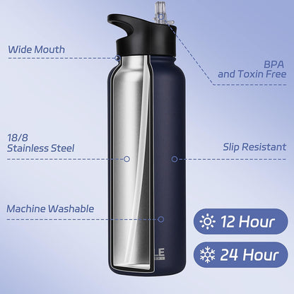 HASLE OUTFITTERS 32 oz Insulated Water Bottle Stainless Steel Double Walled Vacuum Sports Water Bottle with 2 Lids (Straw and Spout Lid) for Gym Camping Hiking(Black,1)