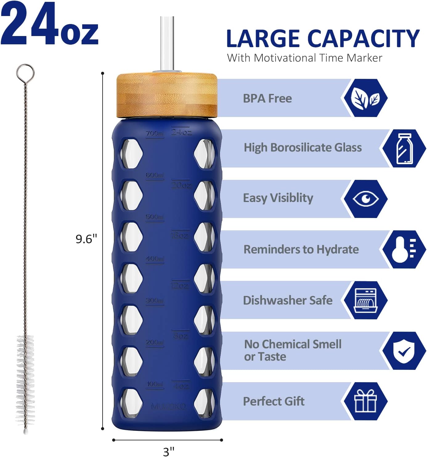 MUKOKO Glass Water Bottles, 32oz Glass Tumbler with Straw, Drinking Bottles with 2 Lids-Handle Spout Lid&Bamboo Straw Lid, Motivational Water Bottle with Time Marker and Silicone Sleeve, 1 Pack-Olive