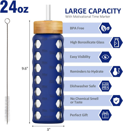 MUKOKO Glass Water Bottles, 32oz Glass Tumbler with Straw, Drinking Bottles with 2 Lids-Handle Spout Lid&Bamboo Straw Lid, Motivational Water Bottle with Time Marker and Silicone Sleeve, 1 Pack-Olive