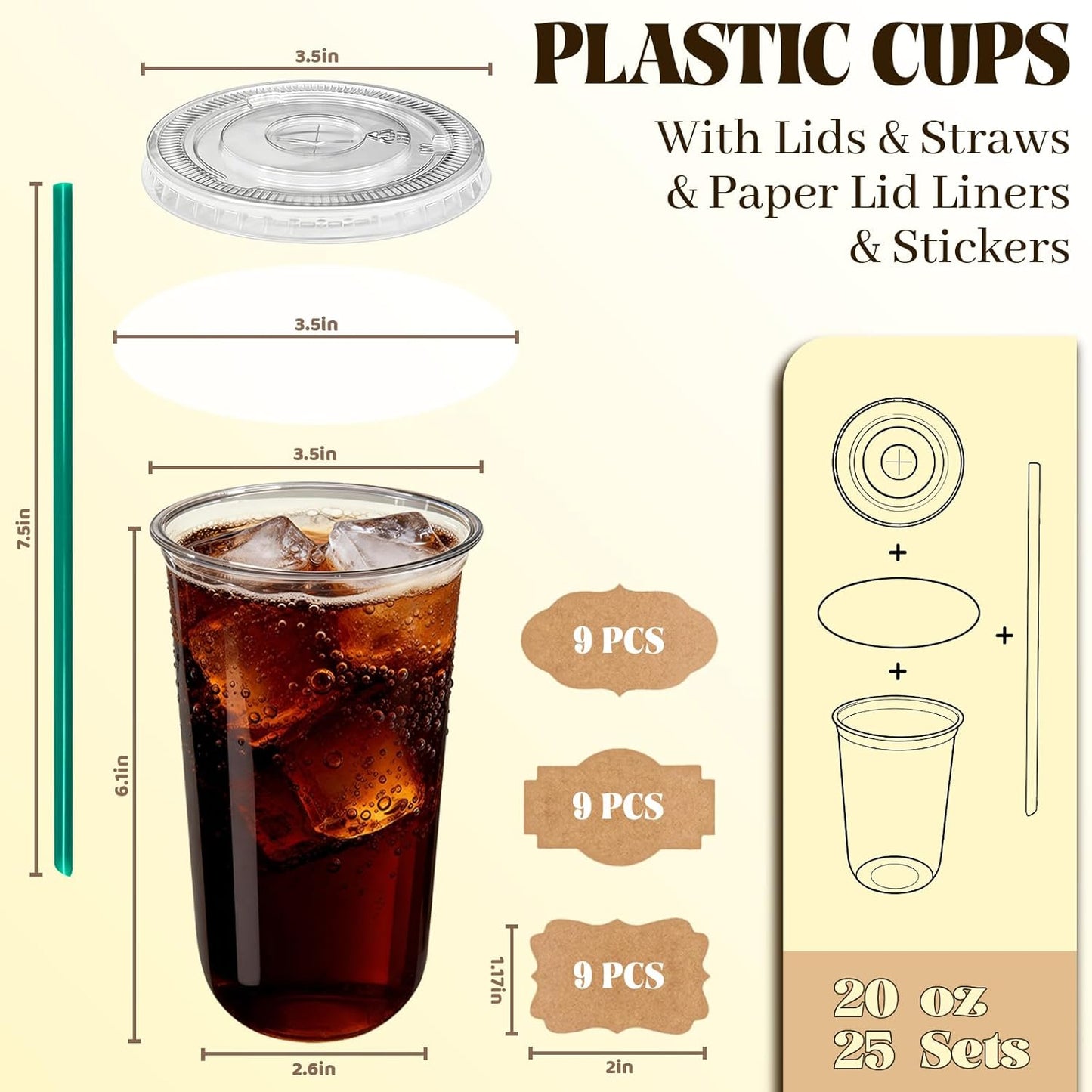 25 Sets 16 oz Clear Plastic Cups with Lids and Straws, Disposable Iced Coffee Cups for Cold Beverages, Smoothies, Bubble Tea, Includes Leak-Proof Paper and Stickers