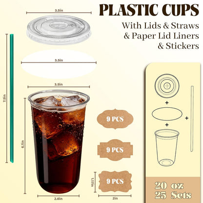 25 Sets 16 oz Clear Plastic Cups with Lids and Straws, Disposable Iced Coffee Cups for Cold Beverages, Smoothies, Bubble Tea, Includes Leak-Proof Paper and Stickers