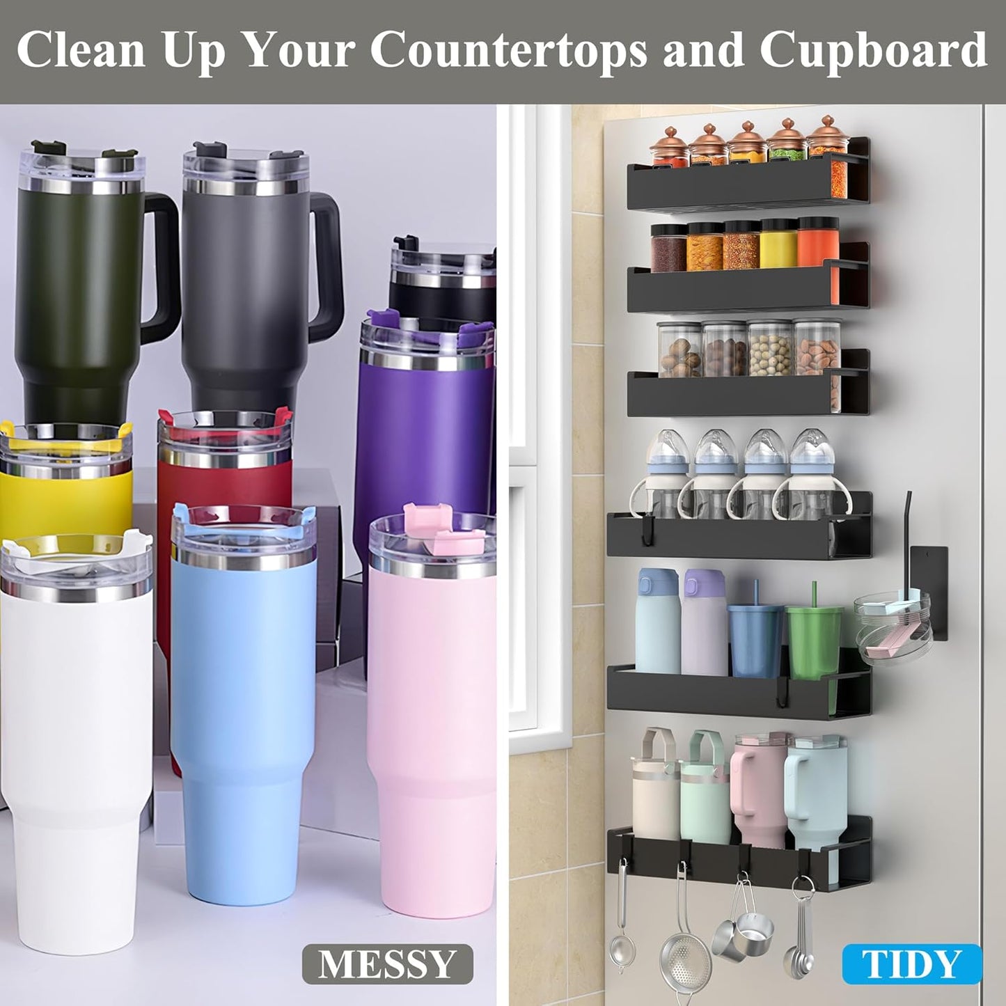 HuggieGems Magnetic Water Bottle Holder for Refrigerator, Cup Holder Organizer for Stanley and Tumbler for Kitchen, 4 Pack, Black