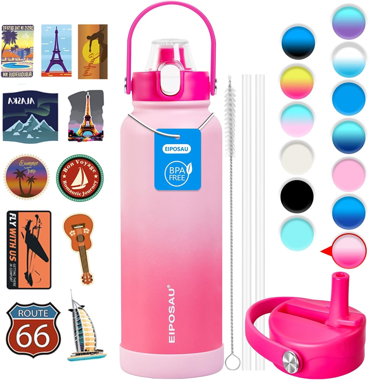 Insulated Water Bottle with Lid & Boot & Stickers, 24 oz Stainless Steel Sweat Free Bottle Keep Cold 24H, BPA-Free Sports Wide Mouth Water Bottle, BlueBlack