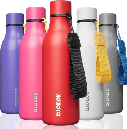BJPKPK Insulated Water Bottles, 18 oz Stainless Steel Metal Water Bottle with Strap, BPA Free Leak Proof Jugs, Mugs, Flasks, Reusable Thermal Flasks for Sports & Travel, Black - Colors B