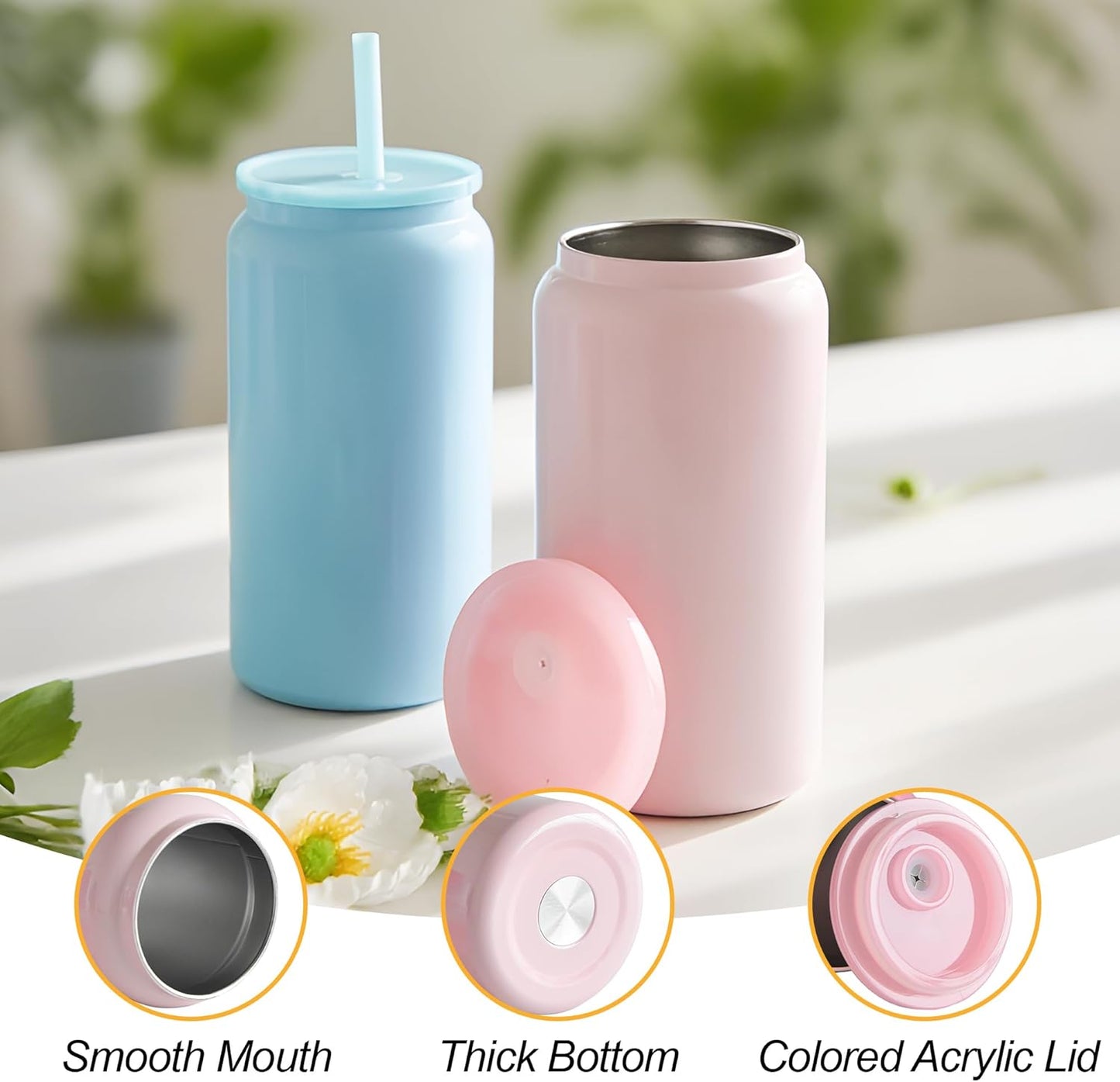 6 Pack Glass Cups with Lids and Straws Unbreakable 16 oz Stainless Steel Can Cup Double Wall Insulated Beer Can Tumbler for Iced Coffee, Juice, Soda, Matte-Colored