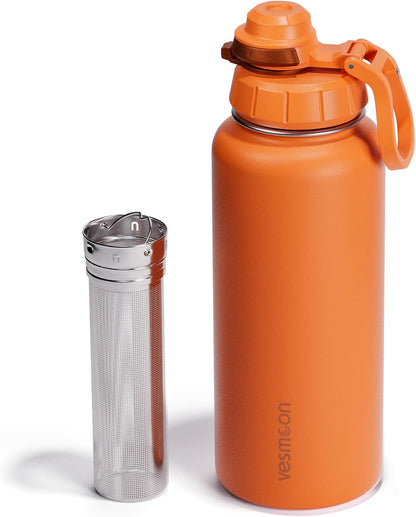 Vesmoon Vessence 24 Oz Stainless Steel Tea Infuser Bottle for Loose Leaf Tea, Water, Herbs, Fruits - Triple Layered Insulated, Leak Proof Bottle with Lid and Clip Handle - 24 Hours Hot/Cold