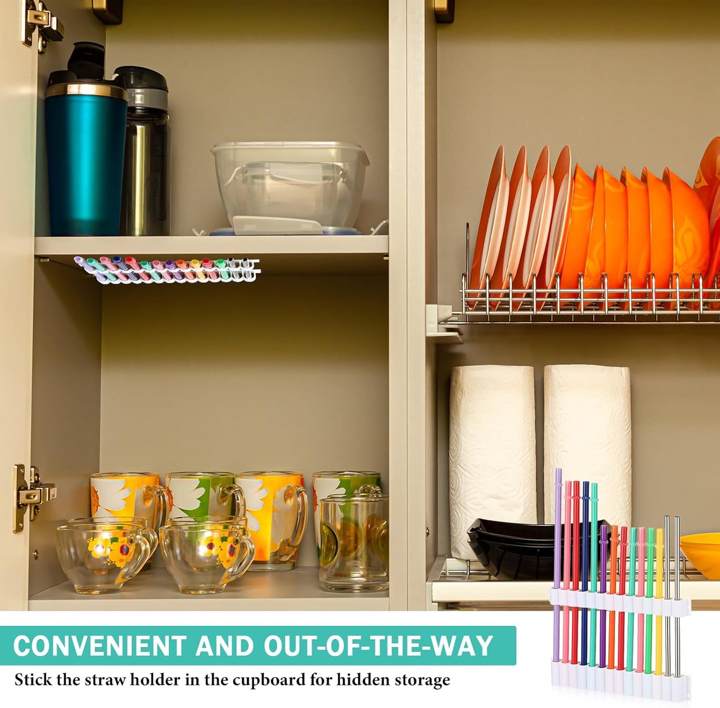 Baderke Straw Holder for Cabinet Reusable Straw Organizer with Double Sided Adhesive Tape Screws Storage Container for Kitchen Counter Cupboard(White,Classic)