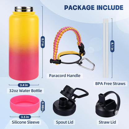 Insulated Water Bottle, 32 oz Stainless Steel Wide Mouth Water Bottles with 2 Leak Proof Lid and Paracord Handle, Double Wall Vacuum Insulated Sports Water Bottle, Purple Black