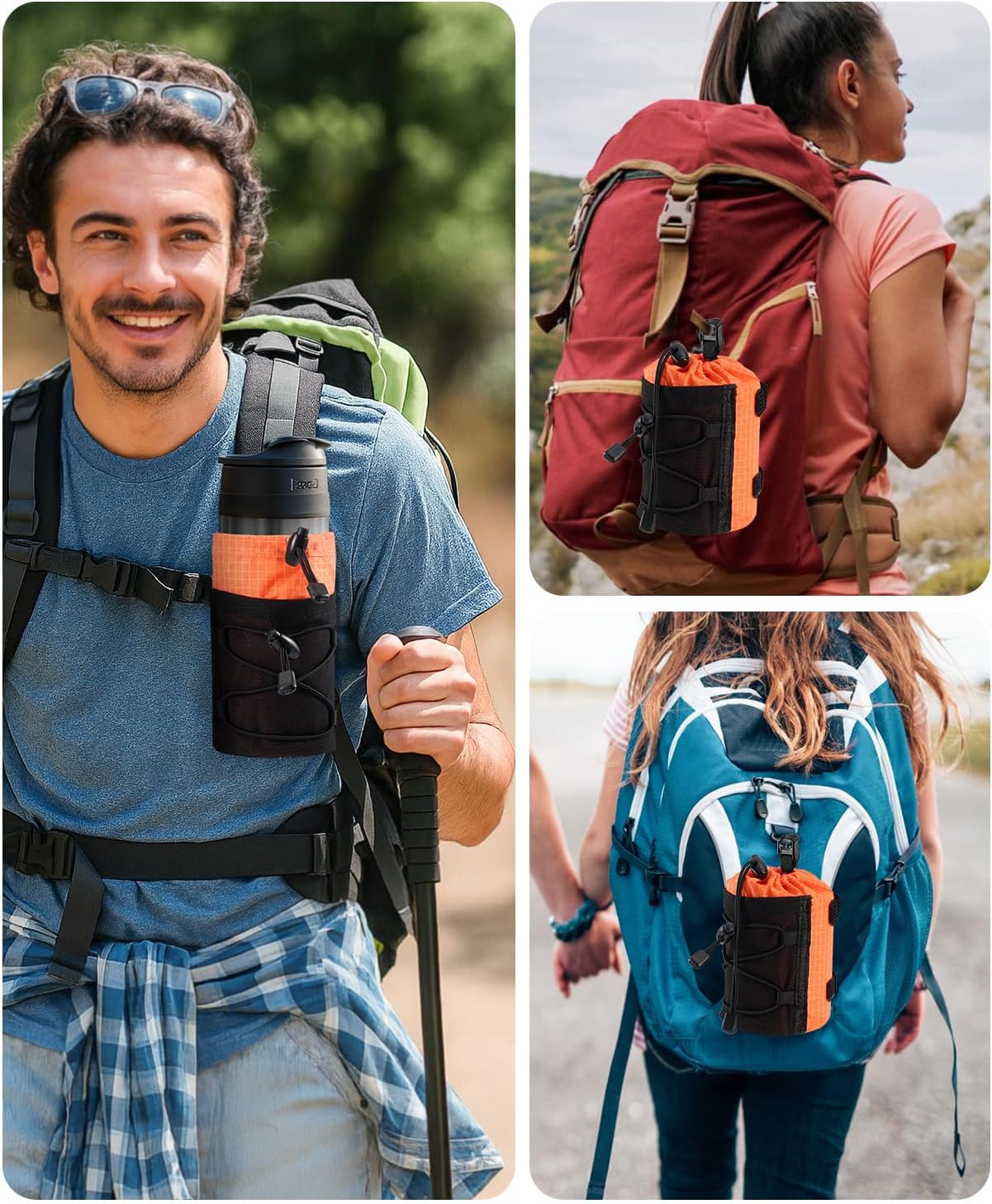 Water Bottle Holder Pouch with Hook Buckle, Backpack Water Bottle Holder Mesh Bag Carrier Fits for 8-24oz Bottles for Hiking, Running, Travel, Outdoor Backpack Accessories & Attachments