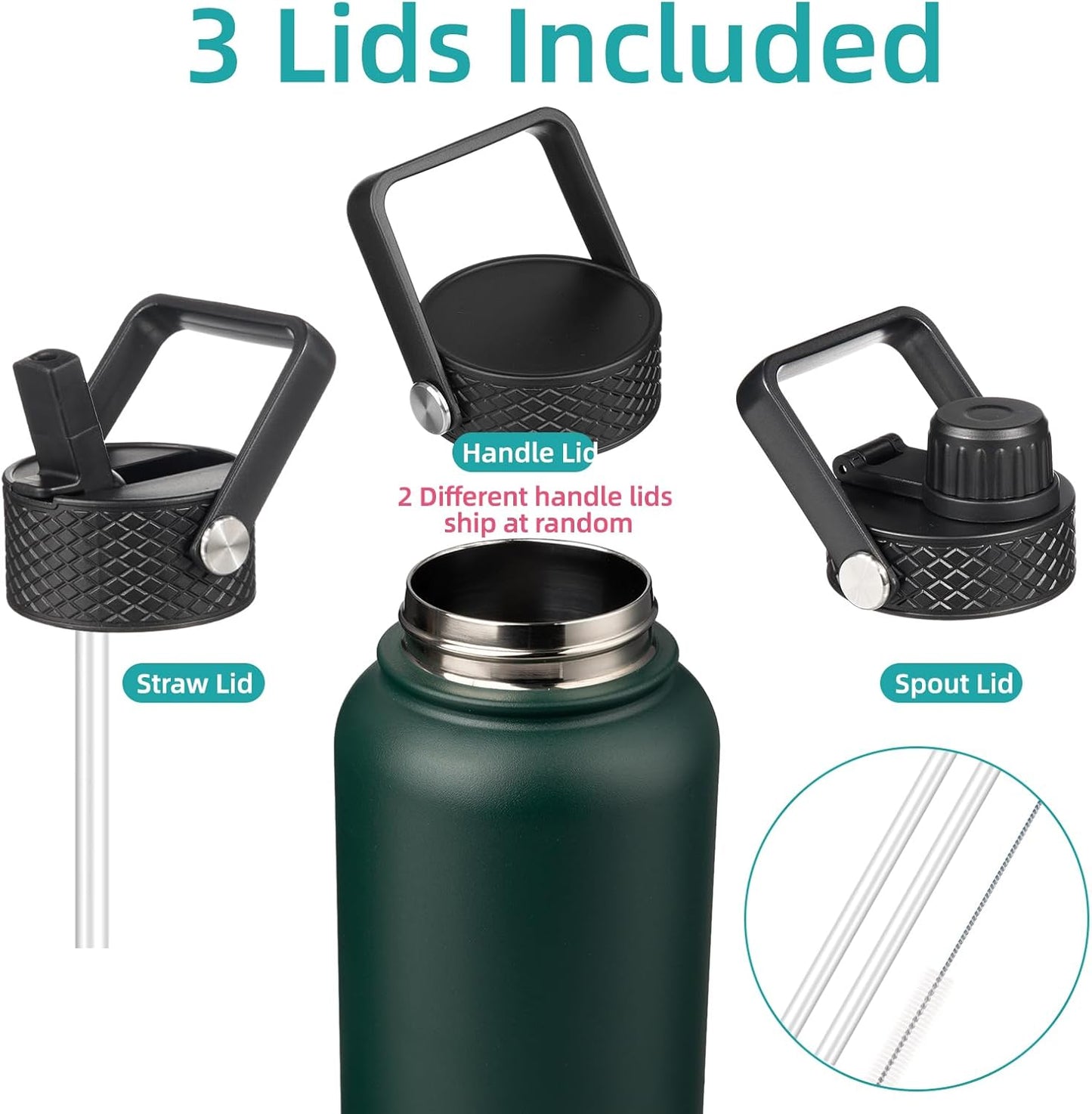Konokyo 22oz Stainless Steel Bottles with 3 Lids Sport Insulated Water Bottle,Mint