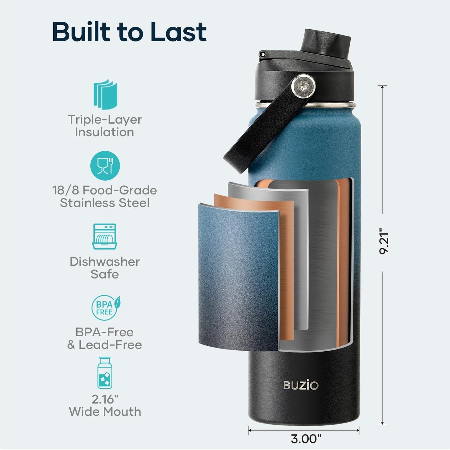 BUZIO 40oz Insulated Water Bottle, Triple Wall Vacuum Stainless Steel Water Flask with 2 lids, Lead-Free BPA-Free Straw Lid Sports Canteen Jug, Cold 48H & Hot 24H- Black - Colors B