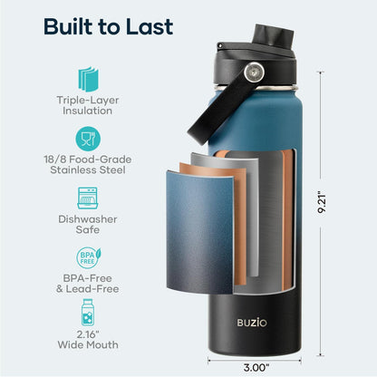 BUZIO 40oz Insulated Water Bottle, Triple Wall Vacuum Stainless Steel Water Flask with 2 lids, Lead-Free BPA-Free Straw Lid Sports Canteen Jug, Cold 48H & Hot 24H- Black - Colors B