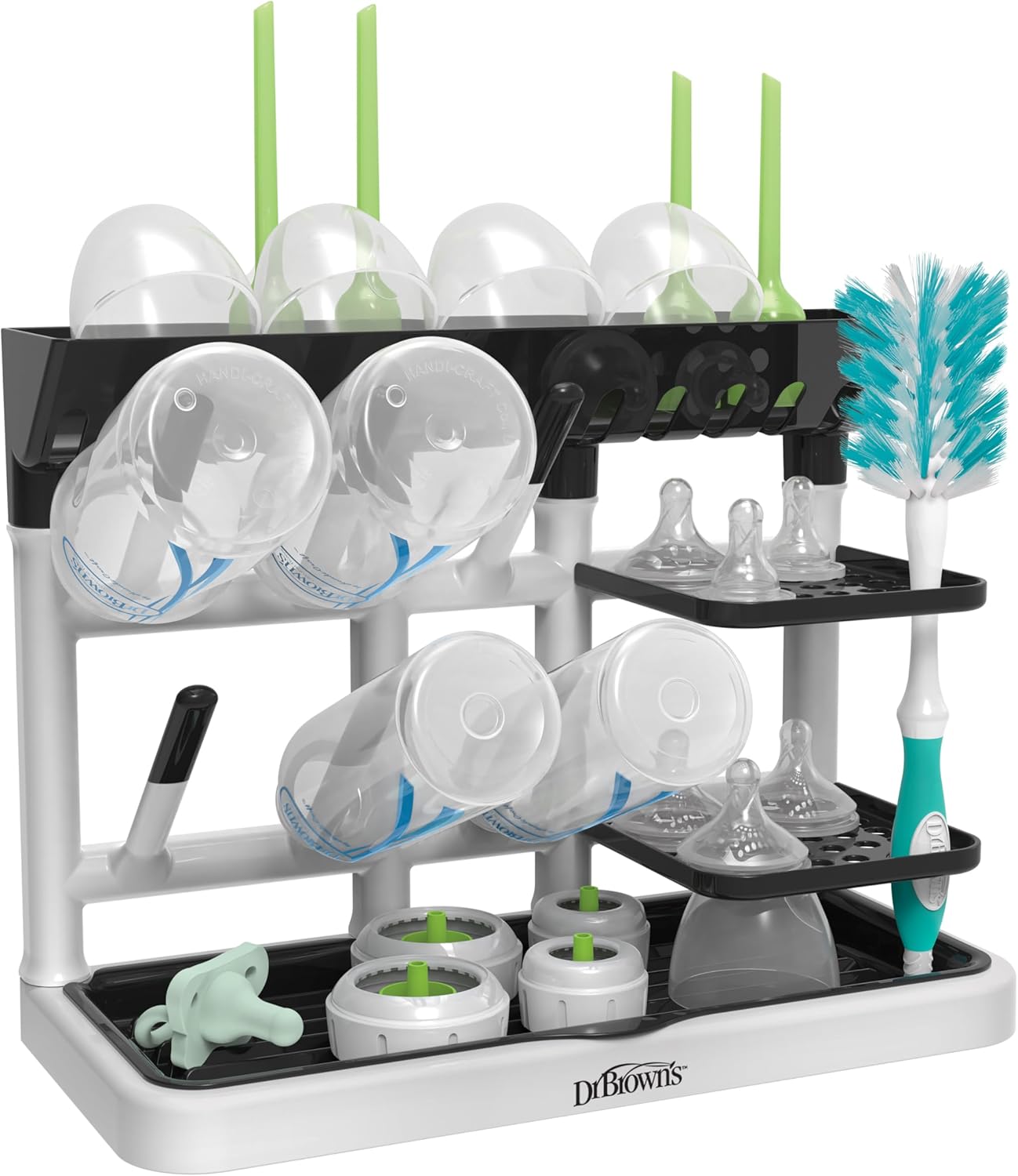 Dr. Brown's Baby Bottle Drying Tower, Stand-Up Countertop Drying Rack with Organized Storage for Baby Essentials, Space Saving Vertical Rack, Black/White