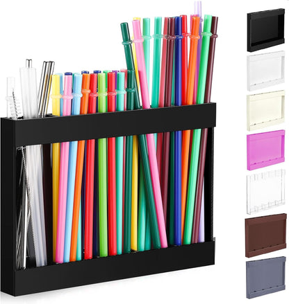 Qinyoung Acrylic Straw Holder for Cabinet Door with Double Sided Adhesive Tape Reusable Straw Organizer Tumbler Storage Kitchen Accessories Container for Counter Cupboard(Classic,Large,Transparent)
