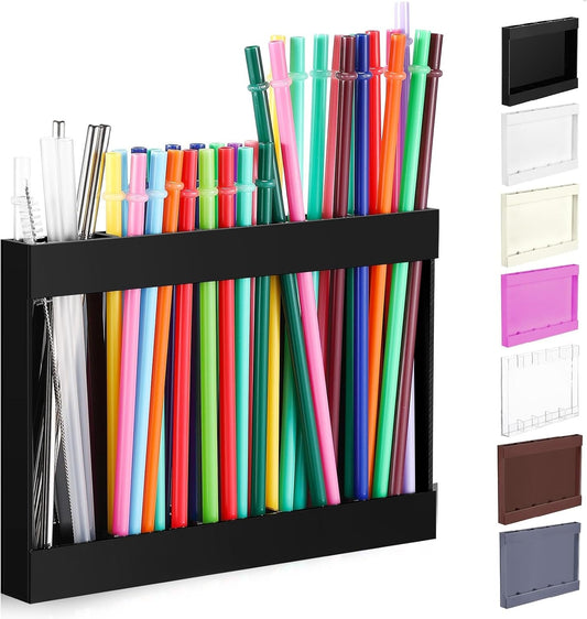 Qinyoung Acrylic Straw Holder for Cabinet Door with Double Sided Adhesive Tape Reusable Straw Organizer Tumbler Storage Kitchen Accessories Container for Counter Cupboard(Classic,Large,Transparent)