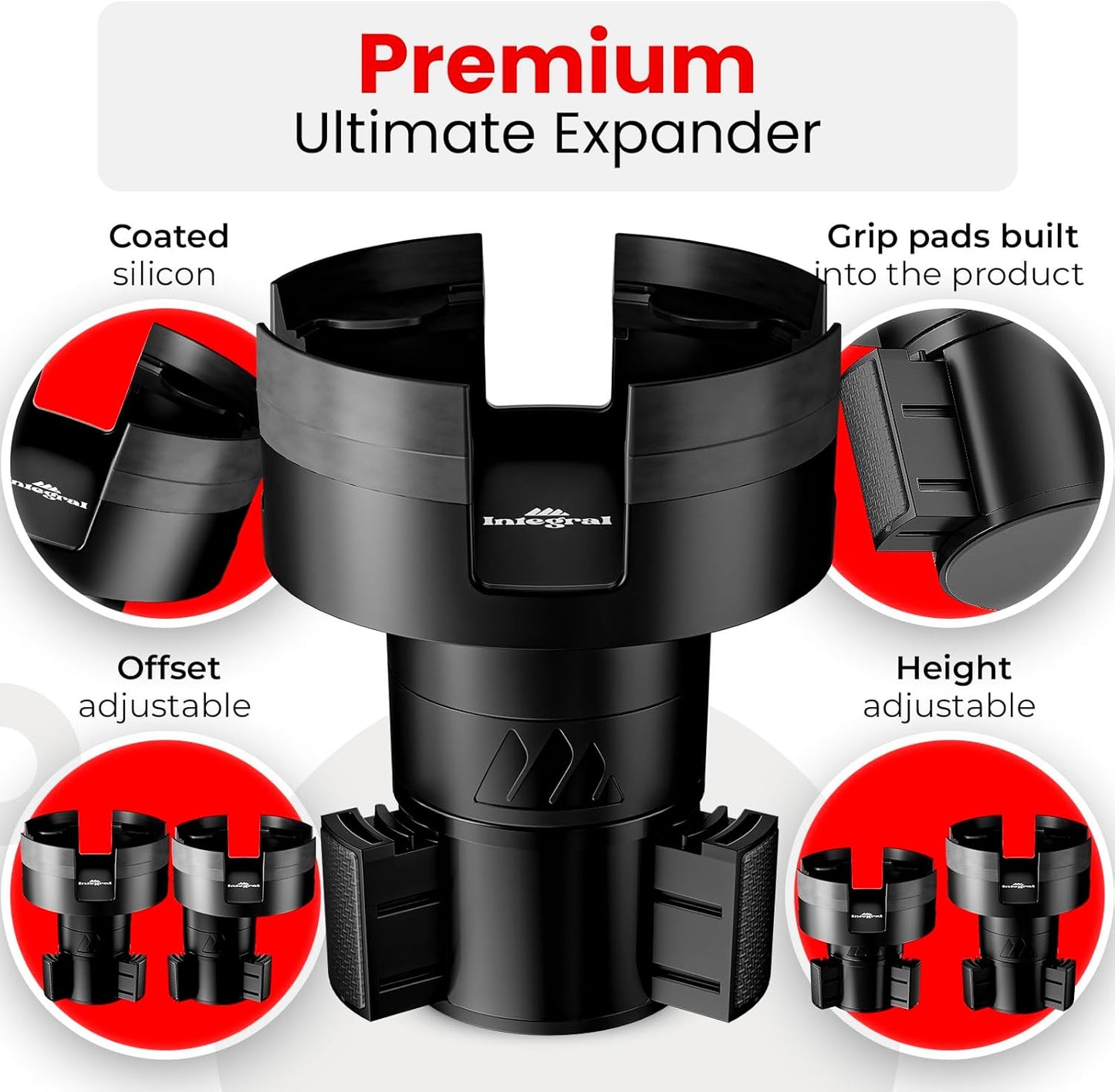 Integral Expandable Mug Holder - YETI 14oz Rambler Cup Holder - Car Cup Holder Expander with Adjustable Base - Rubber Tabs Hold Most Coffee Mugs Ramblers 10oz