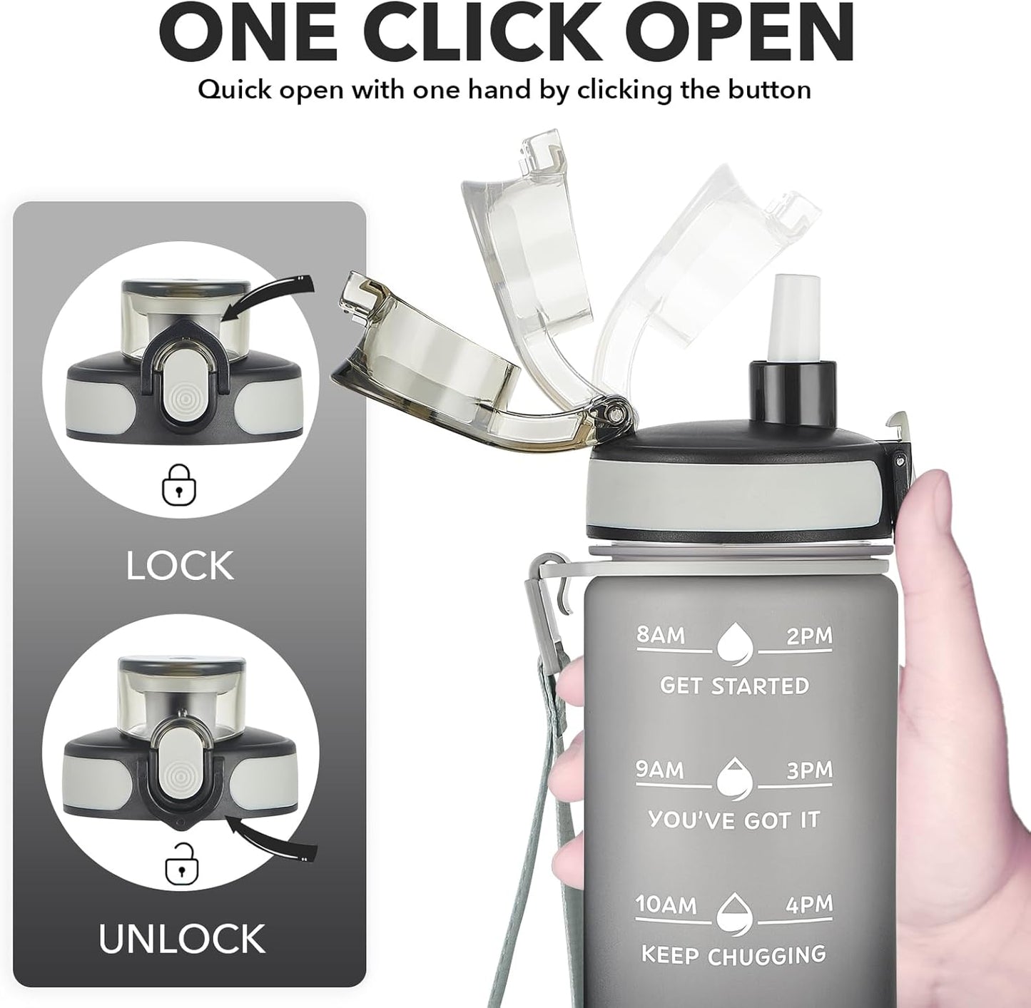 Enerbone Water Bottle, Leakproof BPA & Toxic Free, Motivational Water Bottle with Times to Drink and Straw, Fitness Sports Water Bottle with Strap for Office, Gym, Outdoor Sports