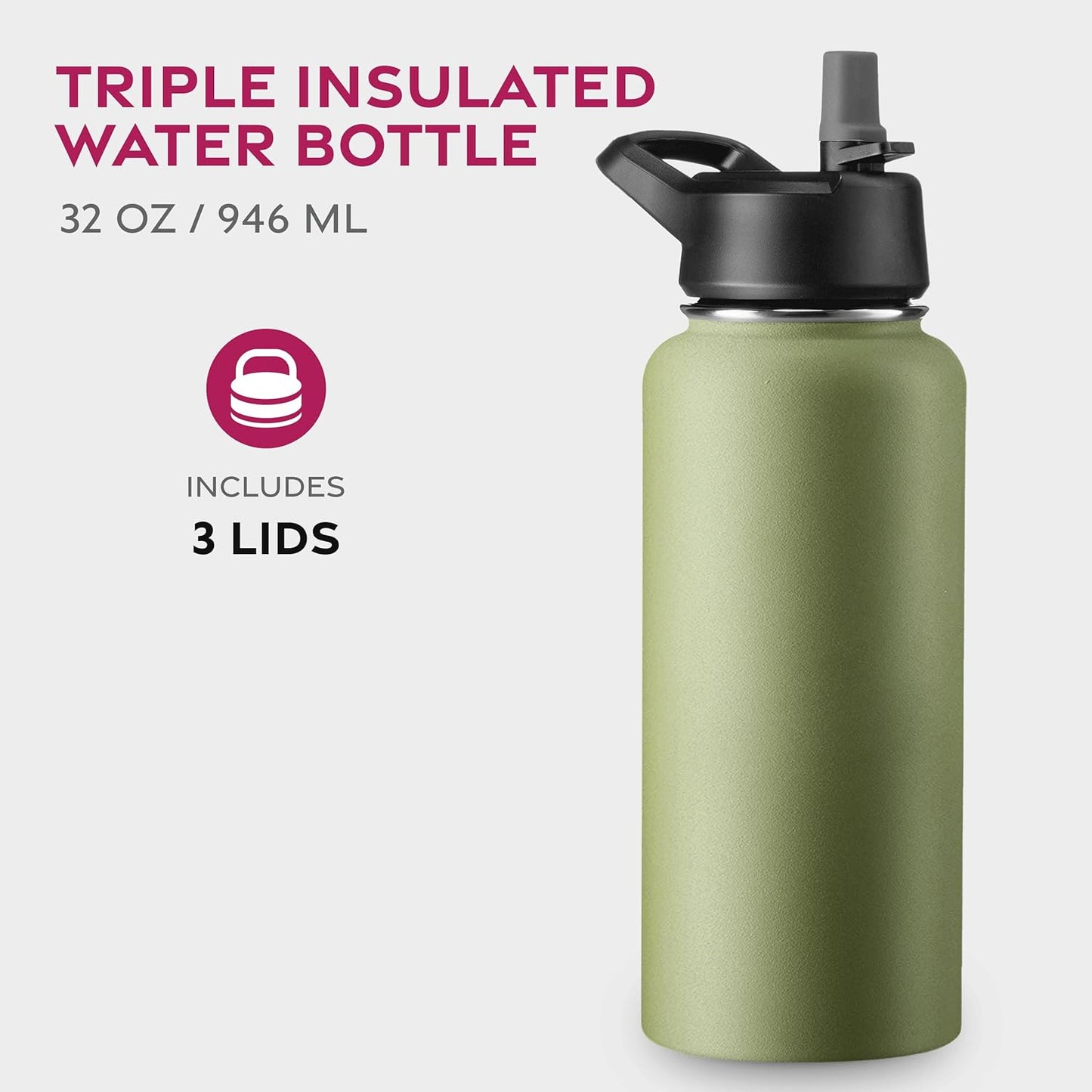 FineDine Water Bottle - Stainless Steel Insulated Water Bottle with Straw Lid, Flip Lid & Wide-Mouth Cap - Keeps Hot and Cold - 25 Oz / 739ml - Dreamy Purple