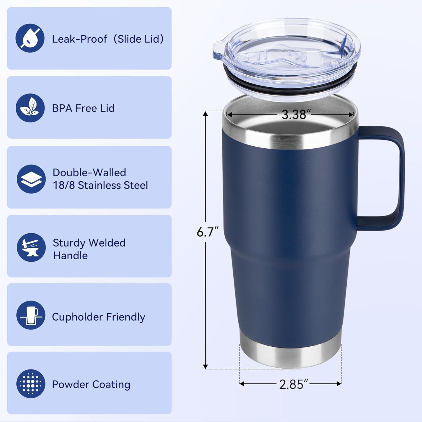 HASLE OUTFITTERS 20oz Tumbler with Handle & Lid, Insulated Stainless Steel Travel Mug, Leakproof Cup for Coffee, BPA-Free Double-Wall Vacuum Tumblers for Hot/Cold Drinks, Commuter, Gym, Office, Blue