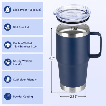 HASLE OUTFITTERS 20oz Tumbler with Handle & Lid, Insulated Stainless Steel Travel Mug, Leakproof Cup for Coffee, BPA-Free Double-Wall Vacuum Tumblers for Hot/Cold Drinks, Commuter, Gym, Office, Blue