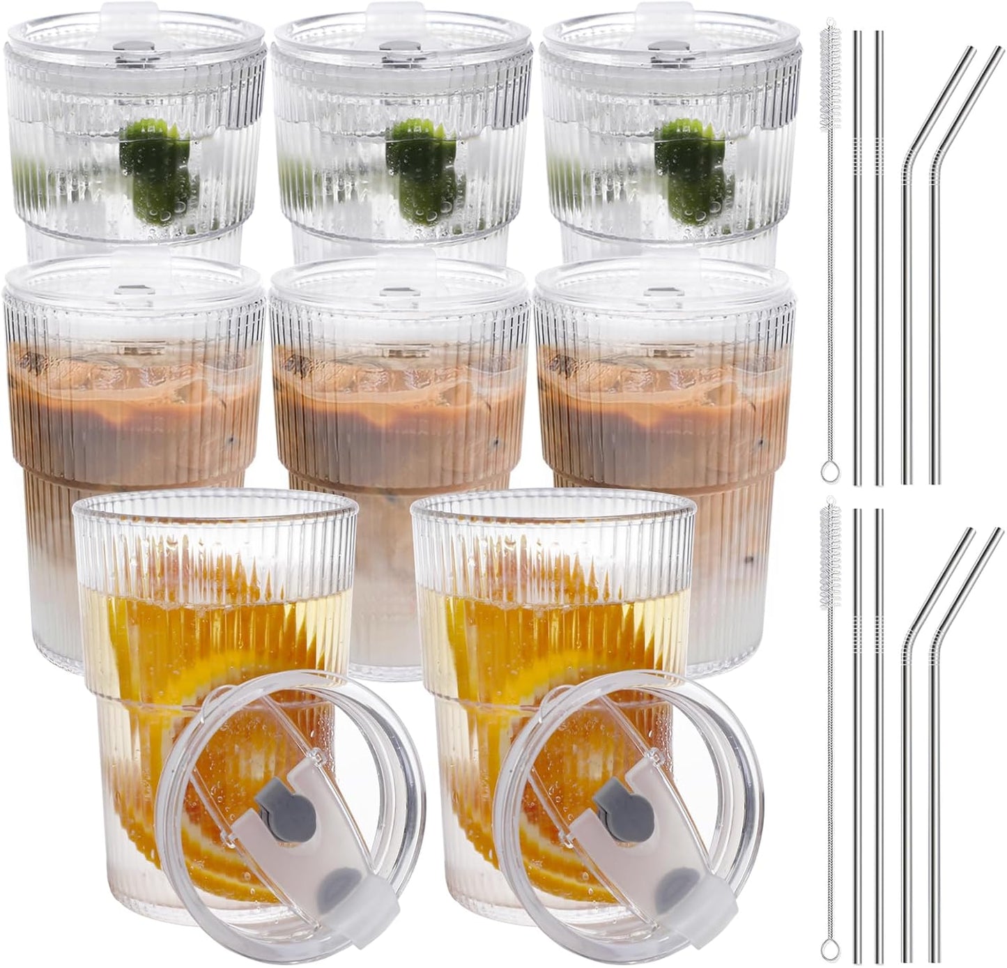 16 OZ Iced Coffee Cups with Lids and Straws Set of 4, Unbreakable Plastic Drinking Glasses Reusable Iced Coffee Glass to Go Cup for Iced Tea,Juice, Water,BPA Free, Dishwasher Safe