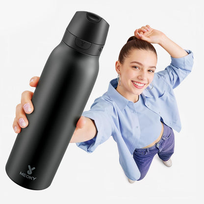 Meoky 24 oz Slim Insulated Water Bottle: Leak Proof Locking Lid, 2-in-1 Straw and Spout, 24 Hours Cold, Top Handle, BPA Free, Stainless Steel Water Bottle for Men Sports Travel Gym, Night