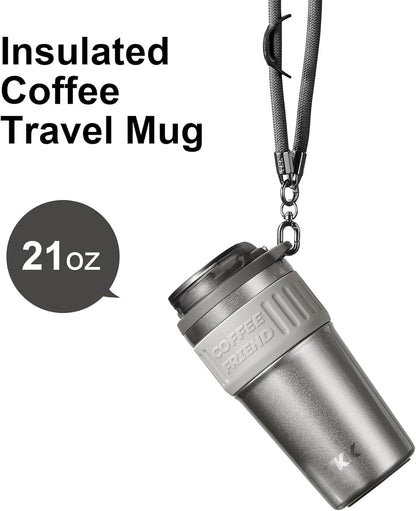 TKK Insulated Coffee Mug with Ceramic Coating, 21oz Iced Coffee Tumbler Cup with Straw Lid Double Wall Vacuum Leak Proof Travel Mug with Strap for Hot and Iced Beverage, Tungsten Steel