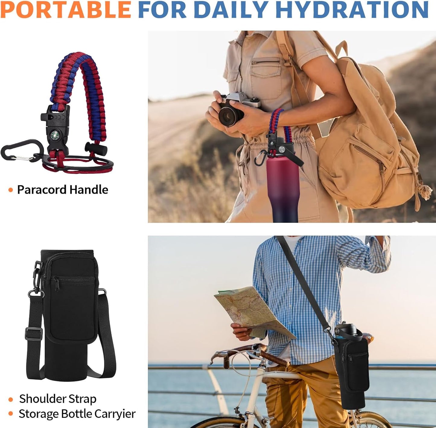 Insulated Water Bottle 40 oz - Fits in any Car Cup Holder, Keep Cold 48H Hot 24H, Stainless Steel Waterbottle Double Wall Flask with Straw, Pop-up Spout Lid, Paracord Handle, Carrier Bag