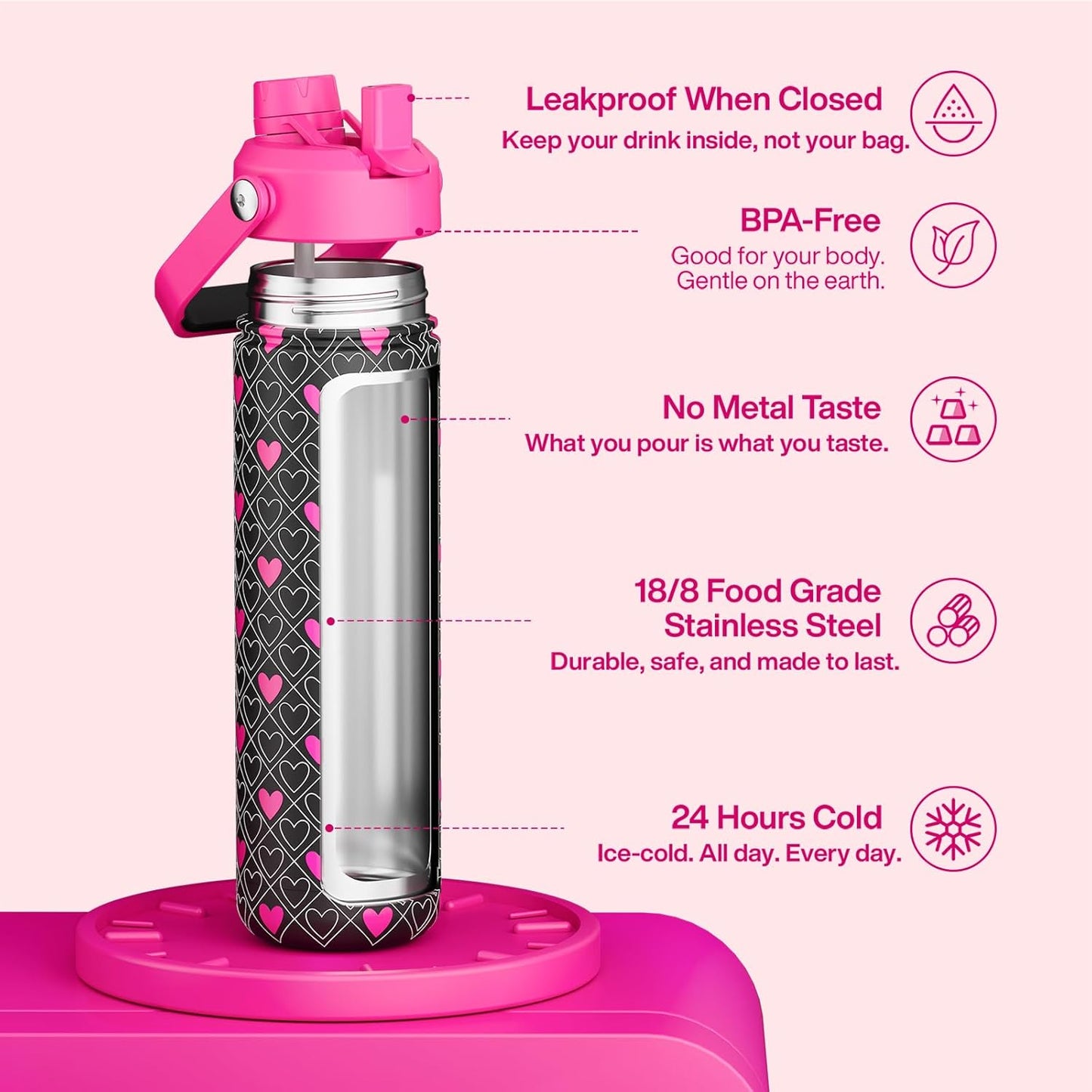ENCOOL Insulated Water Bottle with Straw Stainless Steel Water Bottle, Leak-Proof, BPA-Free, Double Wall Vacuum Keeps Cold for 24 Hours for Sports, Travel, School (26 oz, Cotton Candy) - Colors B