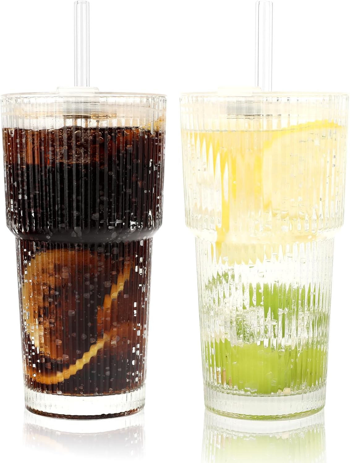 Clear Iced Coffee Cups with Lids - 4 Pack, 20oz Reusable Glass Cups with Lids and Straws, Drinking Tumblers for Cocktail Beer, Juice, Smoothie, Coffee Bar, Housewarming Gifts - Dishwasher Safe