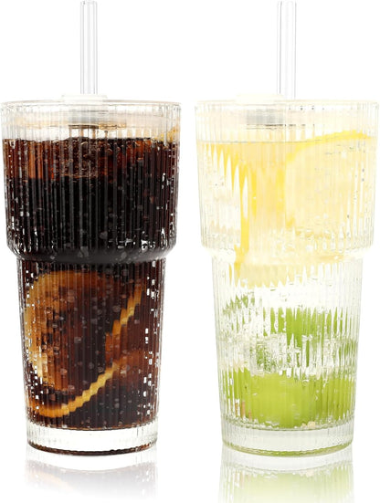 Clear Iced Coffee Cups with Lids - 4 Pack, 20oz Reusable Glass Cups with Lids and Straws, Drinking Tumblers for Cocktail Beer, Juice, Smoothie, Coffee Bar, Housewarming Gifts - Dishwasher Safe
