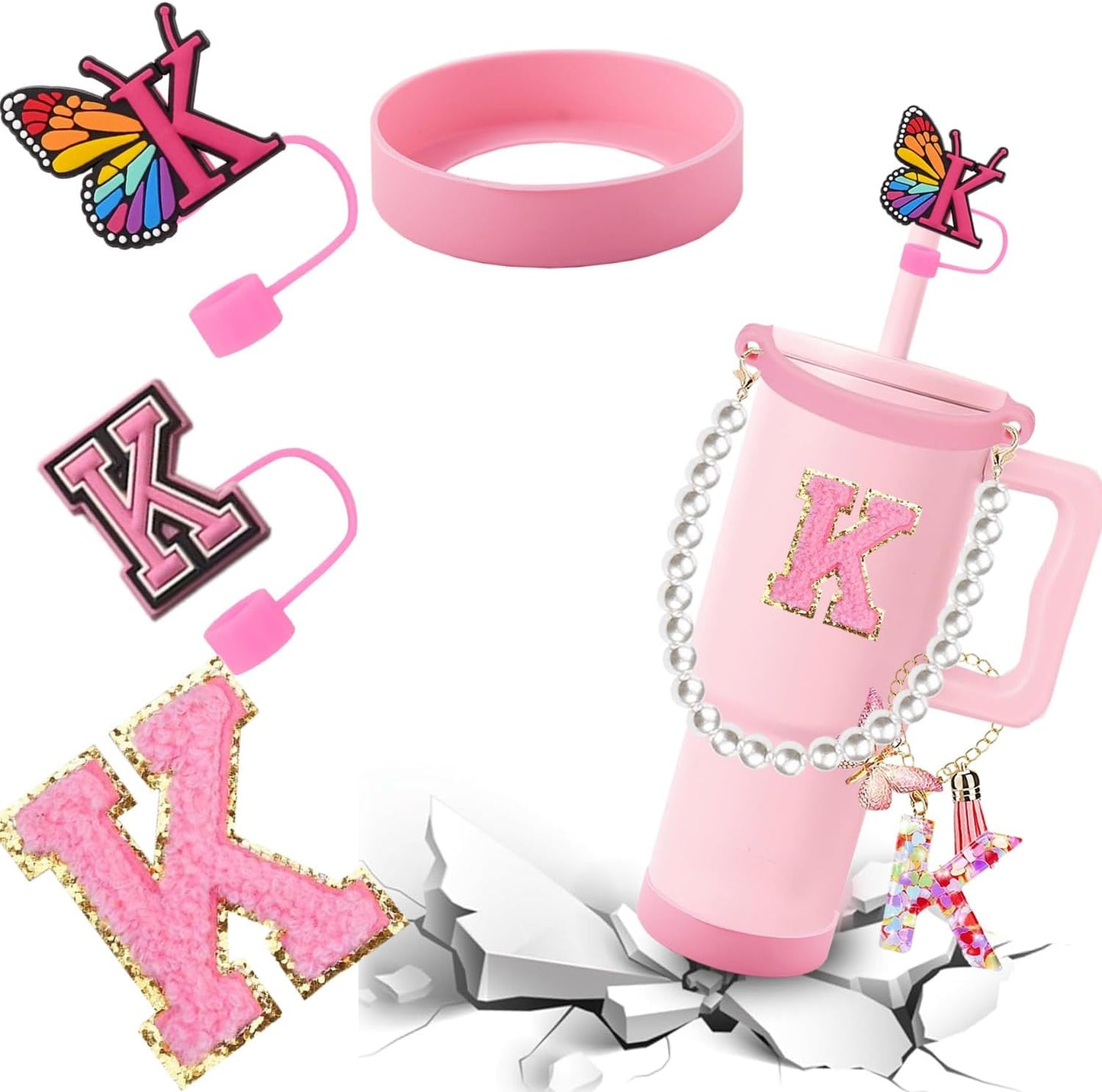 7pcs Cup Accessories for Stanley 30/40oz Tumbler, Handle Strap, Straw Cover, Silicone Boot, Letter Charm Stickers