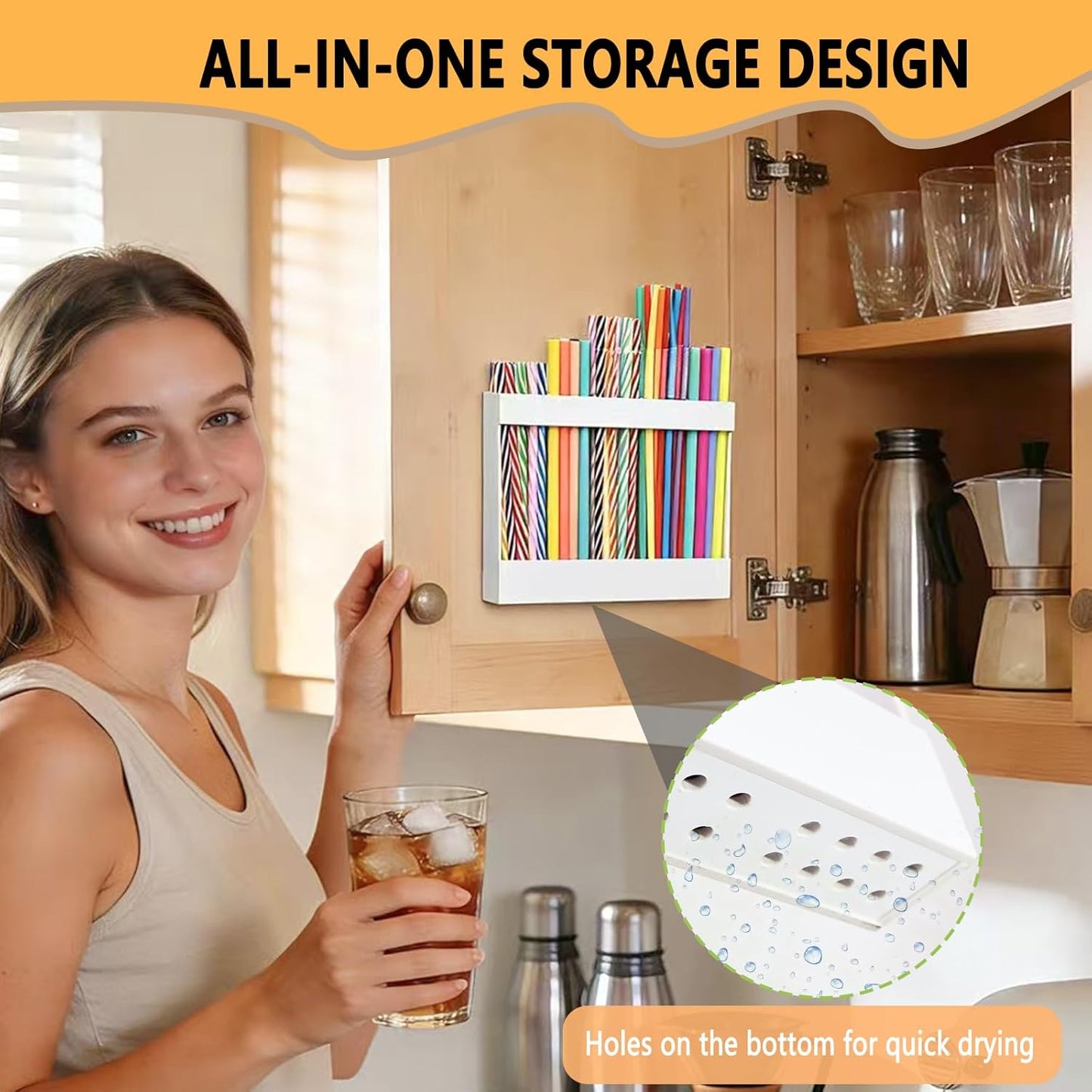 New Upgrade 9.5" Large Acrylic Straw Holder for Cabinet Door-Reusable Tumbler Straw Organizer Storage,Small Kitchen Organizers and Storage Accessories Container,Ultra Sticky Cupboard Door Mounted