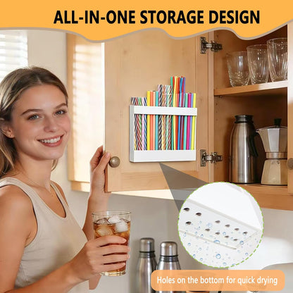New Upgrade 9.5" Large Acrylic Straw Holder for Cabinet Door-Reusable Tumbler Straw Organizer Storage,Small Kitchen Organizers and Storage Accessories Container,Ultra Sticky Cupboard Door Mounted