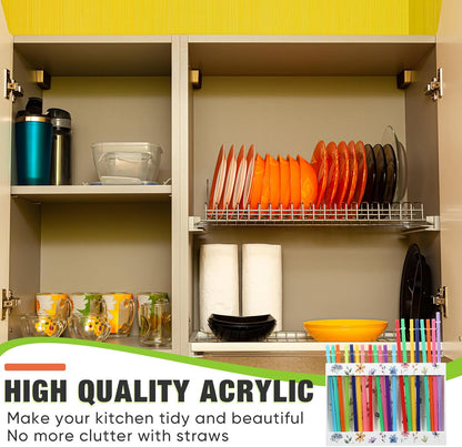 Qinyoung Acrylic Straw Holder for Cabinet Door with Double Sided Adhesive Tape Reusable Straw Organizer Tumbler Storage Kitchen Accessories Container for Counter Cupboard(Classic,Large,Transparent)