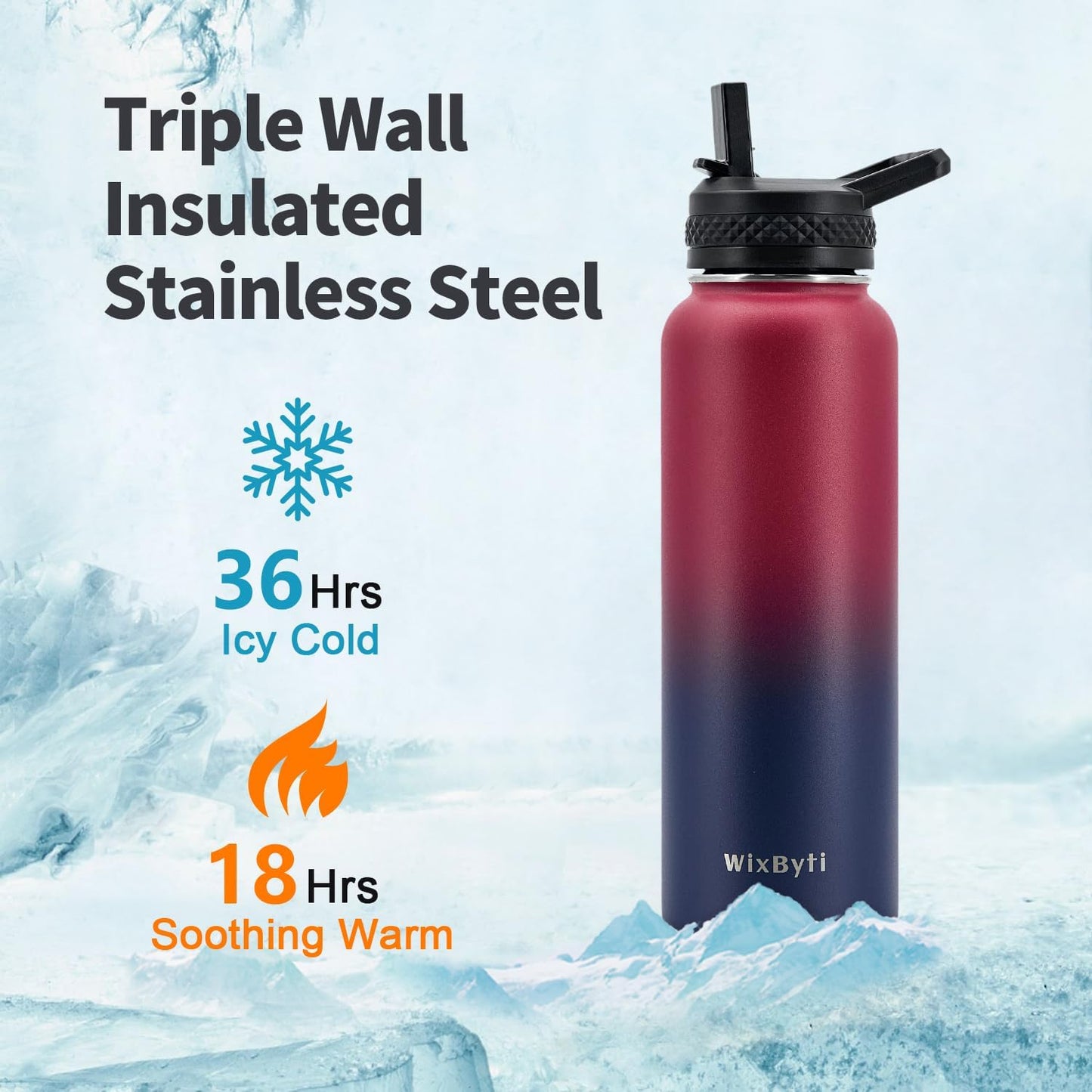 WixByti 40 oz Insulated Water Bottle with Straw (Cold for 36 Hrs), Stainless Steel Triple Wall Vacuum Sports Water Jug, Leakproof Hydro Cup Flask with Paracord Handle & Straw Spout Lids & DIY Stickers