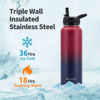 WixByti 40 oz Insulated Water Bottle with Straw (Cold for 36 Hrs), Stainless Steel Triple Wall Vacuum Sports Water Jug, Leakproof Hydro Cup Flask with Paracord Handle & Straw Spout Lids & DIY Stickers