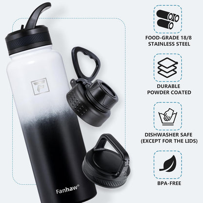 Fanhaw 40 oz Insulated Water Bottle – Stainless Steel Flask with 3 Lids (Straw, Spout, Carabiner) | Durable, Leakproof, for Hiking, Camping, Outdoor Adventures & Travel (Green Blue)