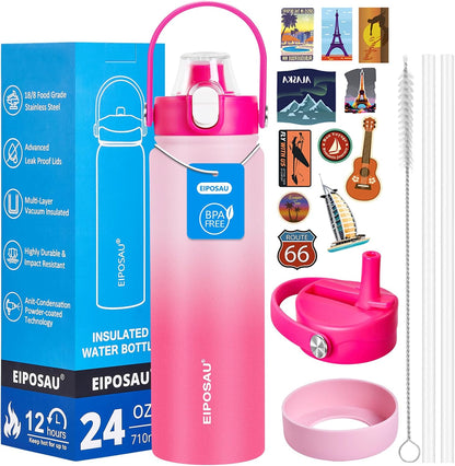 Insulated Water Bottle with Lid & Boot & Stickers, 24 oz Stainless Steel Sweat Free Bottle Keep Cold 24H, BPA-Free Sports Wide Mouth Water Bottle, BlueBlack