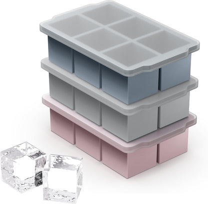 VLM 3 Packs Large Ice Cube Molds with Stackable Lid,Silicone Ice Cube Tray for Freezer,Big Square Ice Tray for Whiskey,Cocktails,Bourbon and Soups (Neutral)