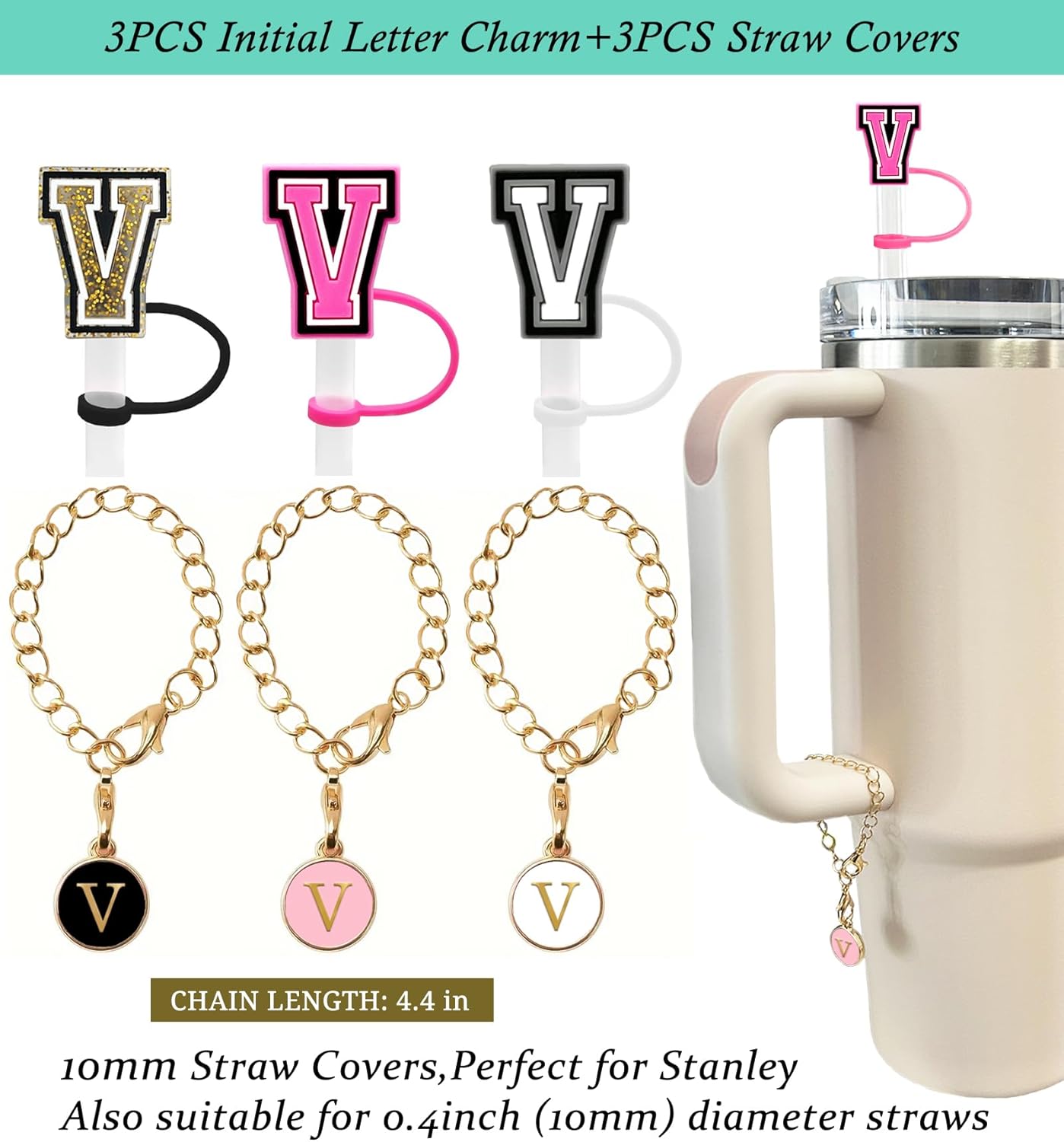 （3 +3) 3PCS Nuozme Straw Cover 10mm For Stanley Tumbler Cup Reusable Straw Cap Topper with 3 Initial Letter Charms Accessories Name ID Personalized Handle Charm For Stanley 30&40 Oz Cup Tumbler - Colors B