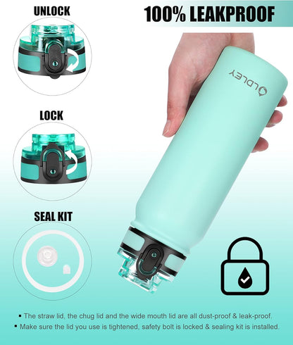 Oldley Insulated Water Bottle 20oz for Adults Kids Stainless Steel Water Bottles with Straw/Chug/Carabiner 3 Lids Fruit Strainer Double Wall Vacuum Wide Mouth BPA Free Leak-Proof for School Travel