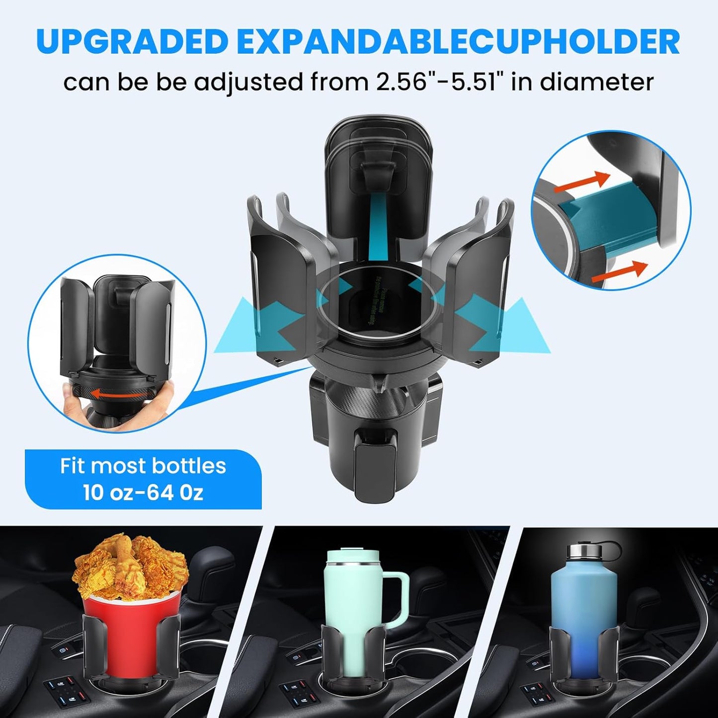 Cup Holder Expander for Car with Adjustable Holder & Base, Compatible with 10 to 64 oz Yeti Ramblers, Stanley, Hydro Flask, Nalgene, Hold 2.9" to 5.5" Large Bottles Mugs Food Drink, Car Cup Holder