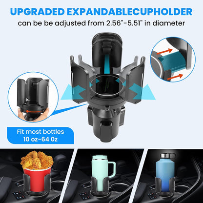 Cup Holder Expander for Car with Adjustable Holder & Base, Compatible with 10 to 64 oz Yeti Ramblers, Stanley, Hydro Flask, Nalgene, Hold 2.9" to 5.5" Large Bottles Mugs Food Drink, Car Cup Holder