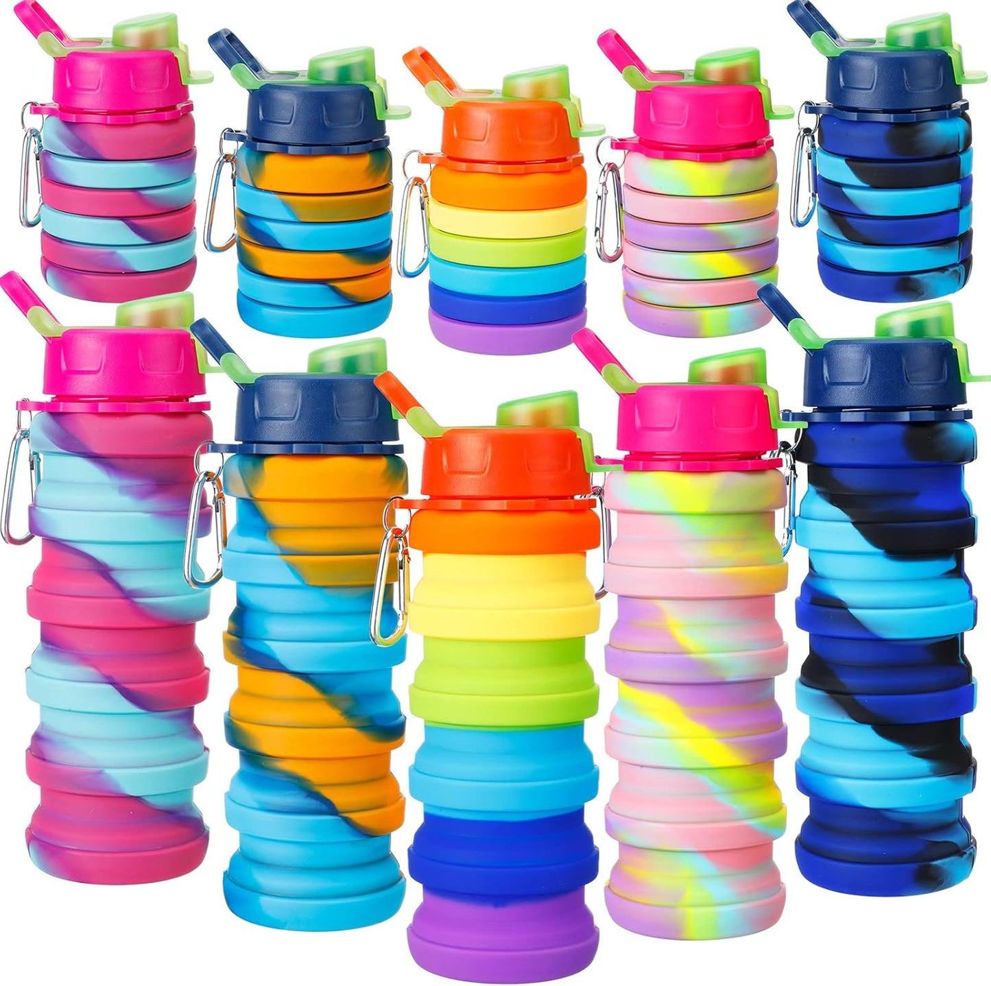 CHENGU 5 Pcs Collapsible Water Bottles 16 oz Portable Foldable Water Bottles Silicone Leak Proof Travel Water Bottle Reusable Sports Water Bottle with Metal Clip for Camping Hiking Travel (Colorful)