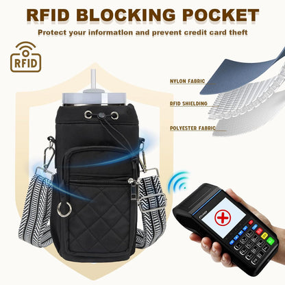 Water Bottle Holder with Strap, 32oz 40oz Insulated Water Bottle Carrier Bag, Purse Crossbody Sling Bag with Phone Pocket for Walking Hiking