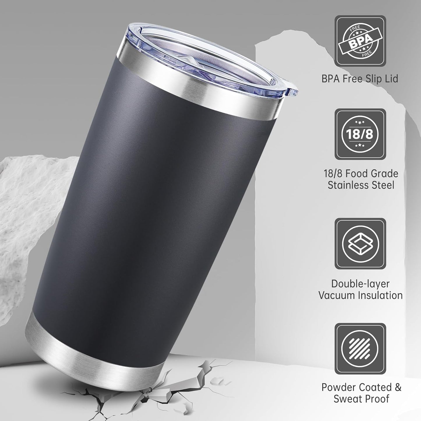 20 oz Tumblers Bulk Stainless Steel Tumbler with Lid Double Wall Vacuum Insulated Coffee Mug 20oz Powder Coated Cup for Hot and Cold Drinks, Stainless, 6 pack