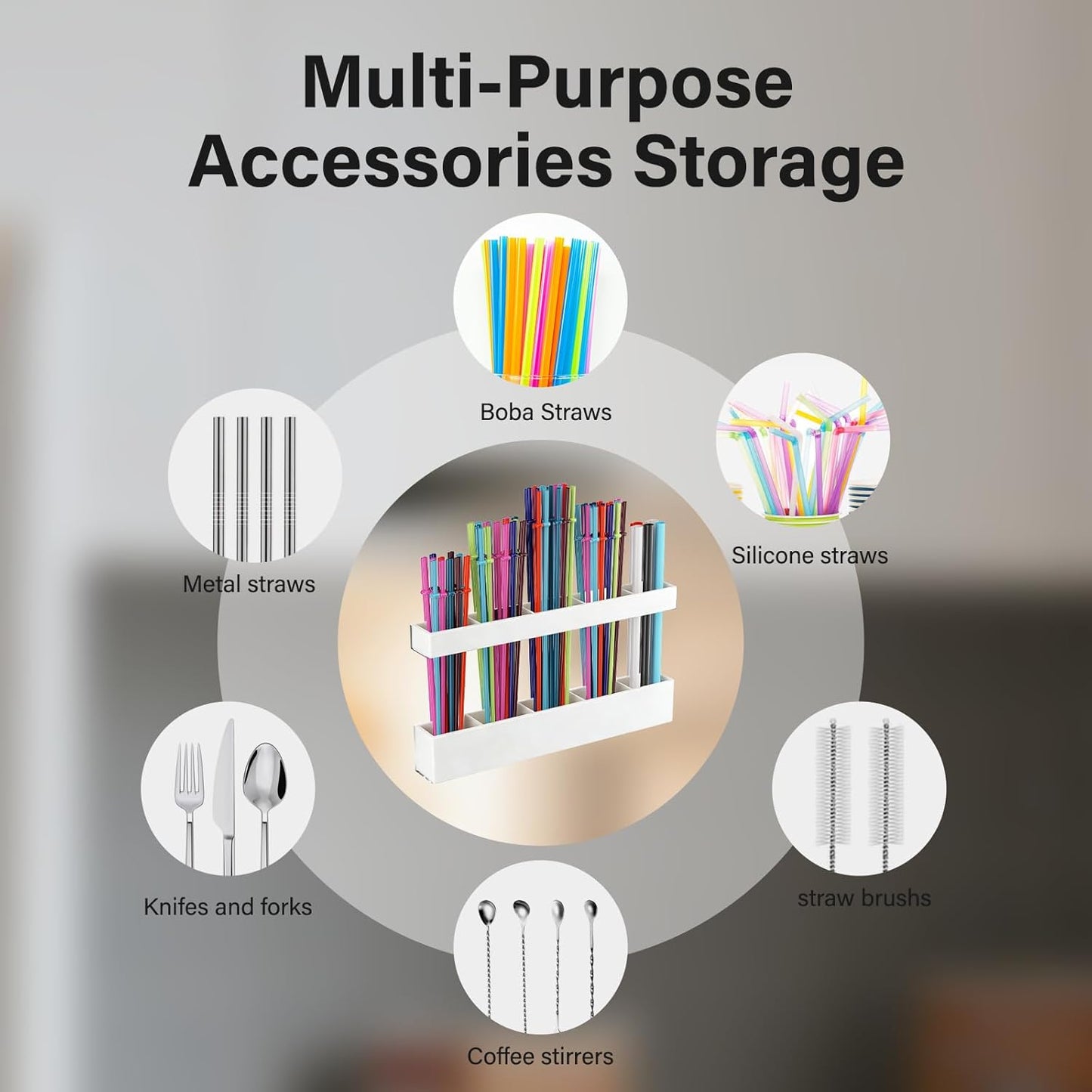 Straw Holder for Cabinet Door, Reusable Tumbler Straw Organizer Storage Container Mount for Kitchen Counter Cupboard Door (Transparent, 9.5inch)