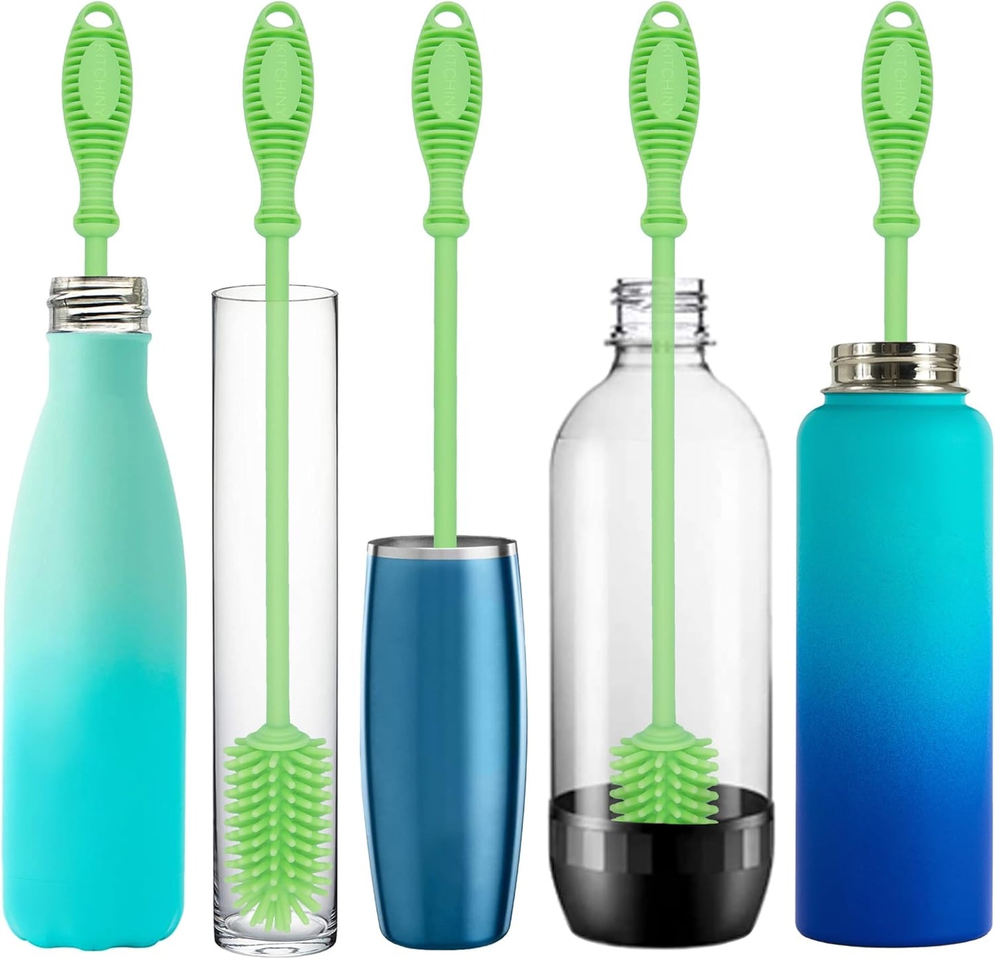 Kitchiny Silicone Bottle Brush with 2 Straw Cleaners - 12.5” Water Bottle Cleaner Brush for Yeti, Hydro Flask, Owala, Stanley, Baby Bottles, Glassware, Vases & Narrow Neck Containers - Orange